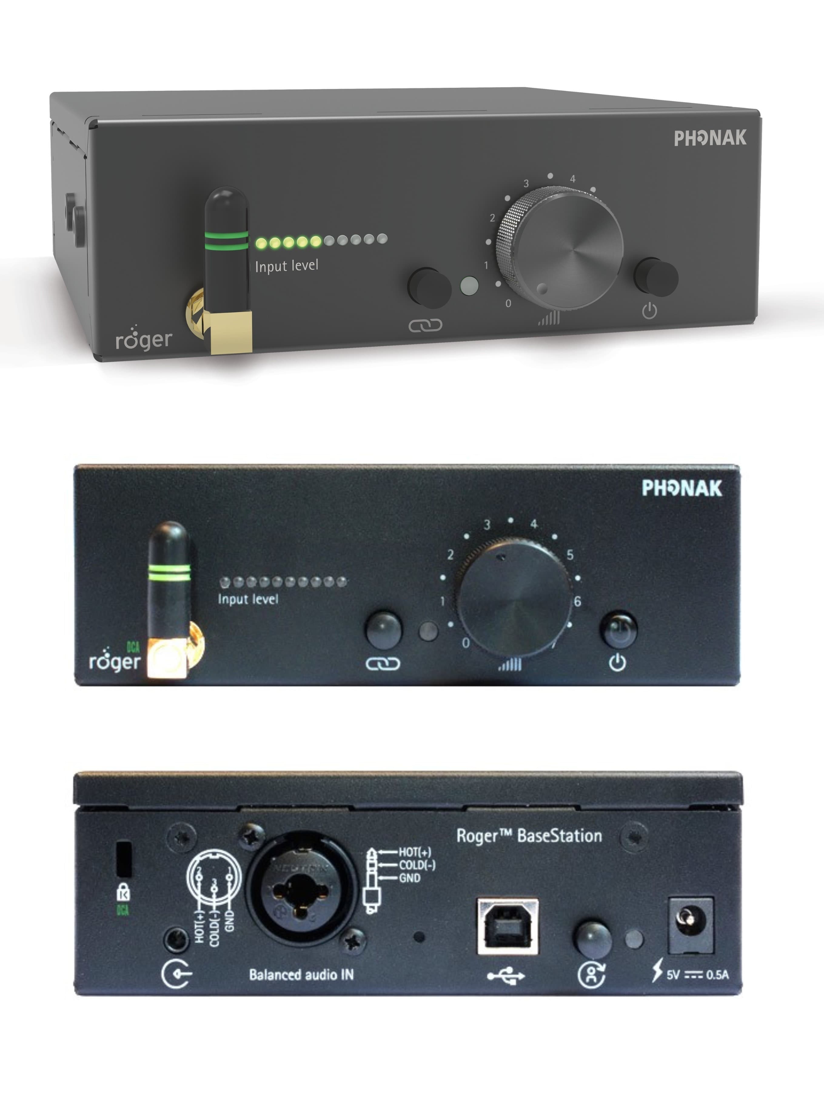 PHONAK ROGER 
BASESTATION transmits from a sound source such as a sound board and sends the signal to roger 02 receivers